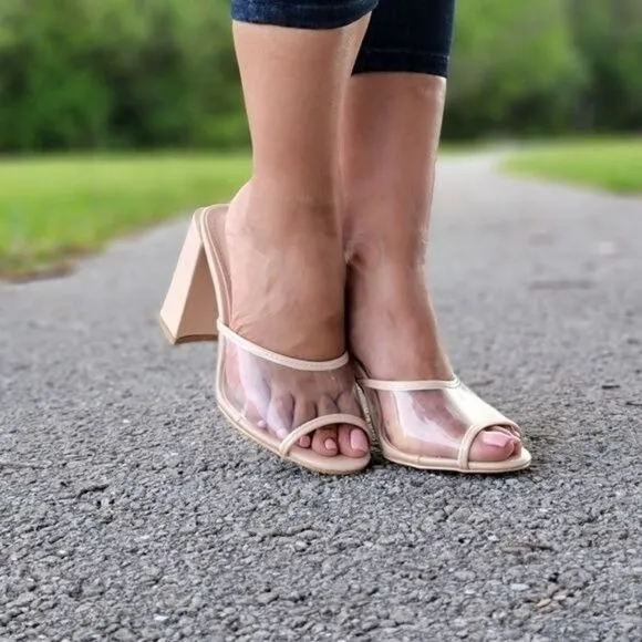Clear Chunky Block Mid Heel Mule Sandals Nude Color