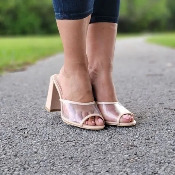 Clear Chunky Block Mid Heel Mule Sandals Nude Color