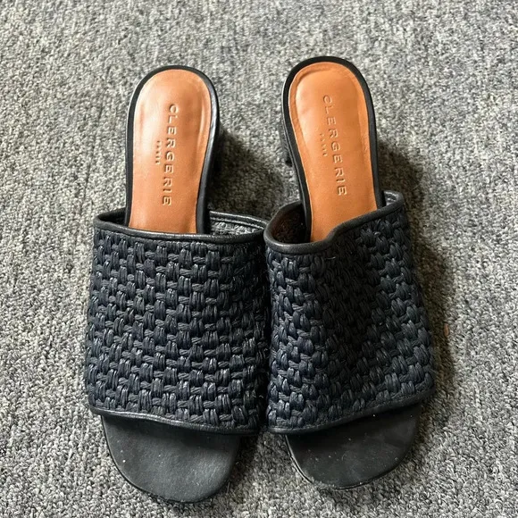 Clergerie Straw Slides with Geometric Heel, size 35.5