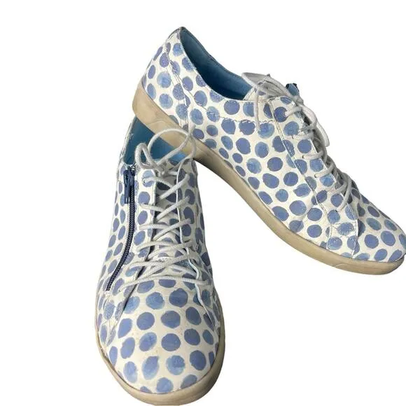 Cloud Footwear Italian Leather Blue &amp; White Polka Dot Loafers Sneakers, US 10.5