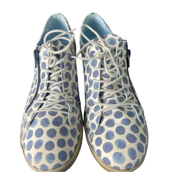 Cloud Footwear Italian Leather Blue &amp; White Polka Dot Loafers Sneakers, US 10.5