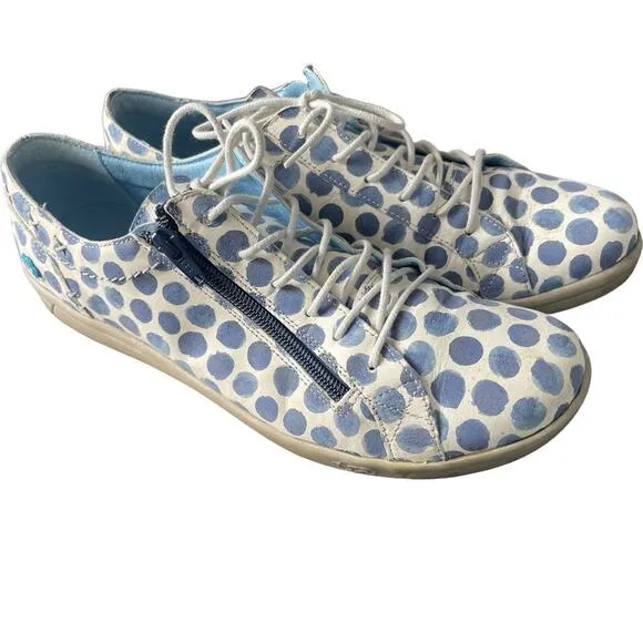 Cloud Footwear Italian Leather Blue &amp; White Polka Dot Loafers Sneakers, US 10.5