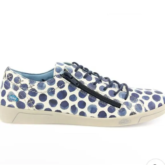 Cloud Footwear Italian Leather Blue &amp; White Polka Dot Loafers Sneakers, US 10.5