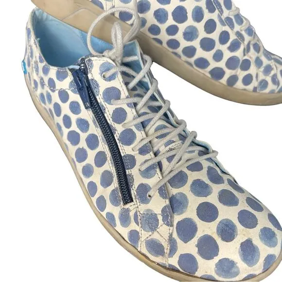 Cloud Footwear Italian Leather Blue &amp; White Polka Dot Loafers Sneakers, US 10.5