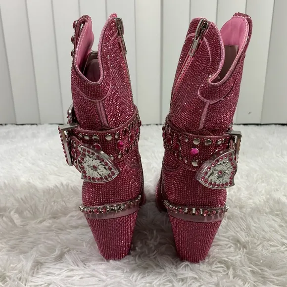 CLUB EXX Pink Sheriff Shine Rhinestone Cowboy Boots Ankle Booties Heeled Size 8