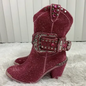 CLUB EXX Pink Sheriff Shine Rhinestone Cowboy Boots Ankle Booties Heeled Size 8