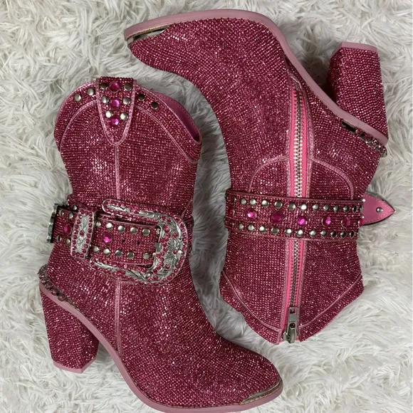 CLUB EXX Pink Sheriff Shine Rhinestone Cowboy Boots Ankle Booties Heeled Size 8