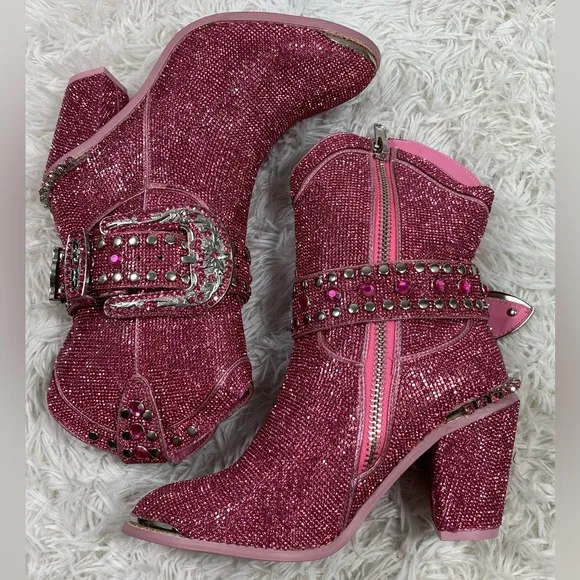 CLUB EXX Pink Sheriff Shine Rhinestone Cowboy Boots Ankle Booties Heeled Size 8