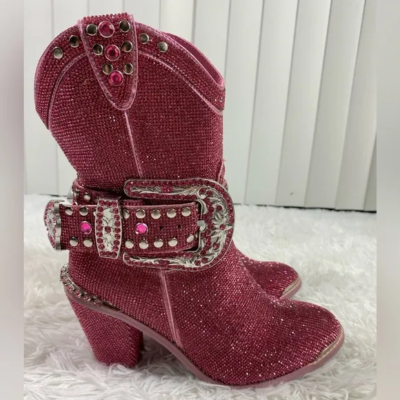 CLUB EXX Pink Sheriff Shine Rhinestone Cowboy Boots Ankle Booties Heeled Size 8