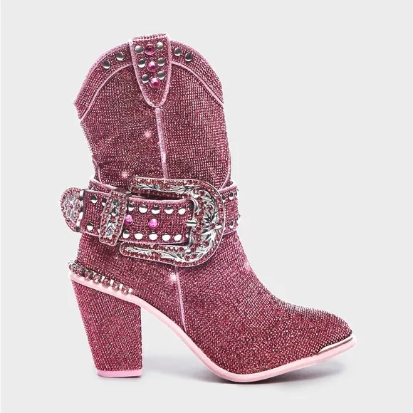 CLUB EXX Pink Sheriff Shine Rhinestone Cowboy Boots Ankle Booties Heeled Size 8
