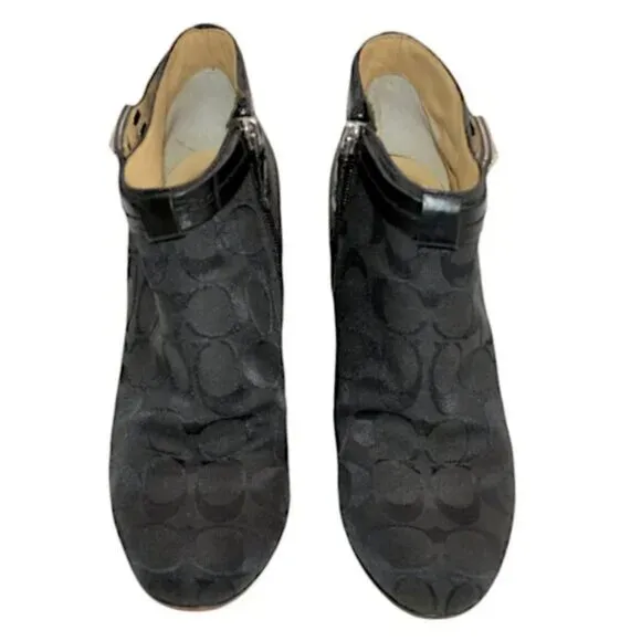 Coach Black Jacquard Logo Leather Zip Ankle Boots Booties Shooties Heels 7.5