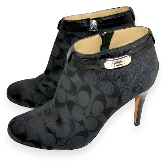 Coach Black Jacquard Logo Leather Zip Ankle Boots Booties Shooties Heels 7.5