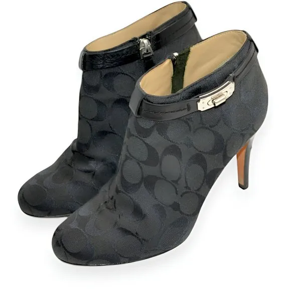 Coach Black Jacquard Logo Leather Zip Ankle Boots Booties Shooties Heels 7.5