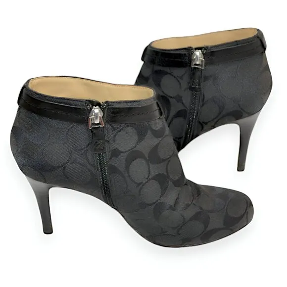 Coach Black Jacquard Logo Leather Zip Ankle Boots Booties Shooties Heels 7.5