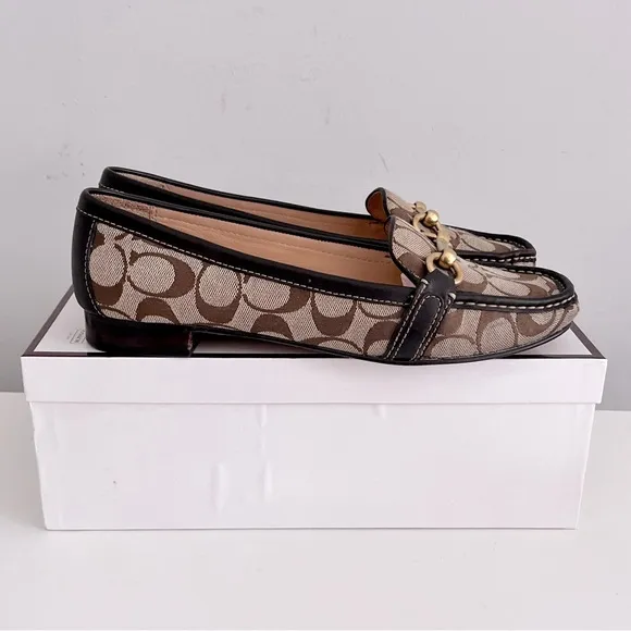 Coach Brown Signature Canvas &amp; Leather ‘Eve’ Horsebit Loafers, Size 9