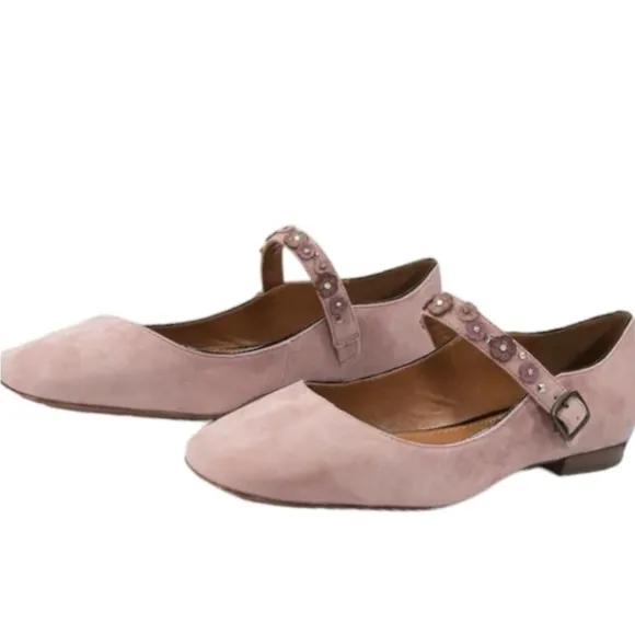 COACH Dusty Rose Flower Stud Suede Leather Mary Jane Flats Size 5.5 NWOB