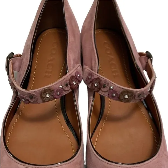 COACH Dusty Rose Flower Stud Suede Leather Mary Jane Flats Size 5.5 NWOB
