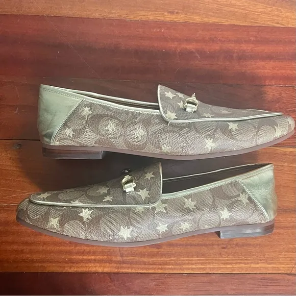 Coach Haley Loafer Star Print Logo 9.5 Canvas and Leather Designer Luxury Brown
