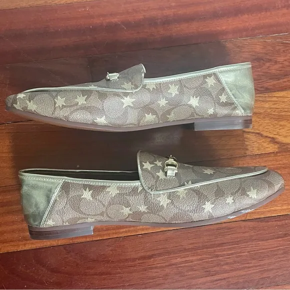 Coach Haley Loafer Star Print Logo 9.5 Canvas and Leather Designer Luxury Brown