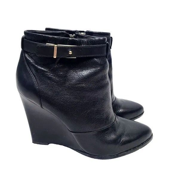 Coach Melody Wedge Bootie Heels 8 Black Leather Buckle Side Zip Ankle Boots
