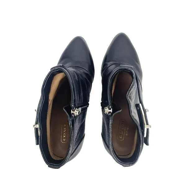 Coach Melody Wedge Bootie Heels 8 Black Leather Buckle Side Zip Ankle Boots