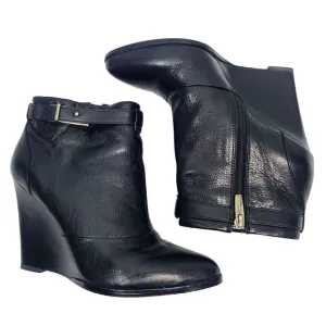 Coach Melody Wedge Bootie Heels 8 Black Leather Buckle Side Zip Ankle Boots