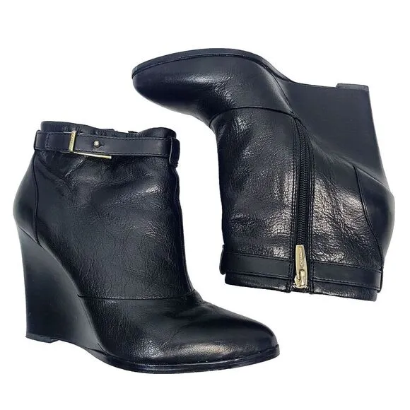 Coach Melody Wedge Bootie Heels 8 Black Leather Buckle Side Zip Ankle Boots