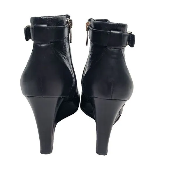 Coach Melody Wedge Bootie Heels 8 Black Leather Buckle Side Zip Ankle Boots