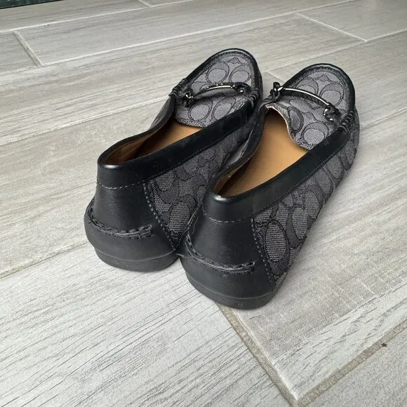 Coach Olive Black Gray Signature Logo Print Canvas Leather Loafer Size 8.5B
