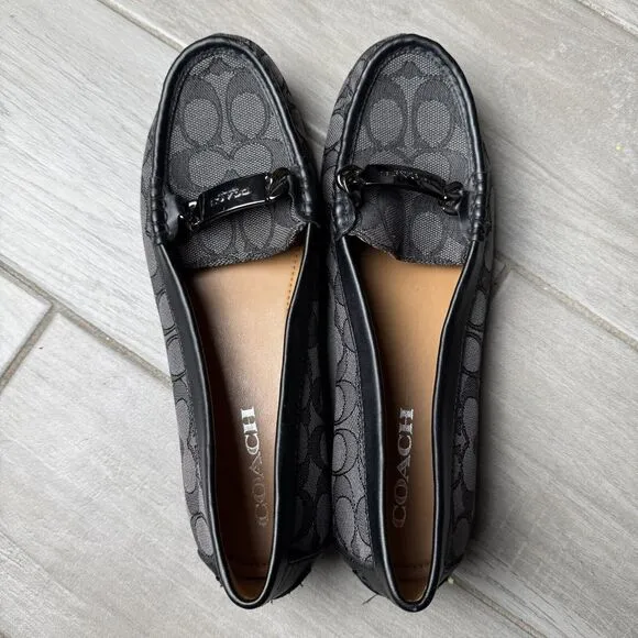 Coach Olive Black Gray Signature Logo Print Canvas Leather Loafer Size 8.5B