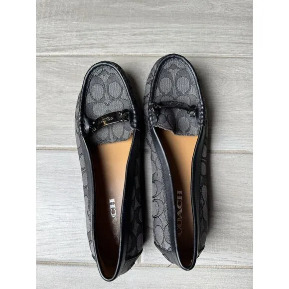 Coach Olive Black Gray Signature Logo Print Canvas Leather Loafer Size 8.5B