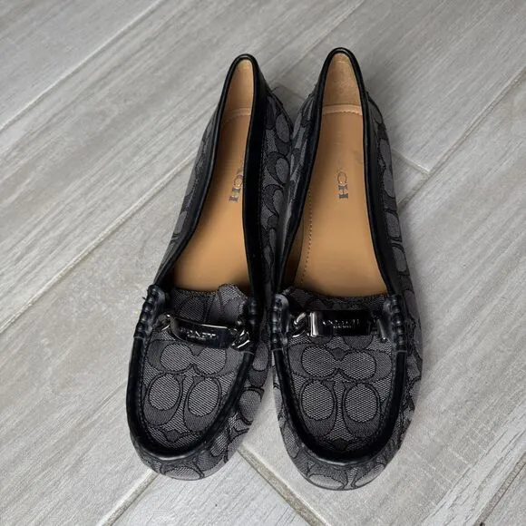 Coach Olive Black Gray Signature Logo Print Canvas Leather Loafer Size 8.5B