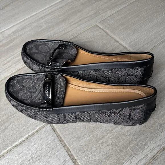 Coach Olive Black Gray Signature Logo Print Canvas Leather Loafer Size 8.5B