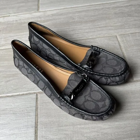 Coach Olive Black Gray Signature Logo Print Canvas Leather Loafer Size 8.5B
