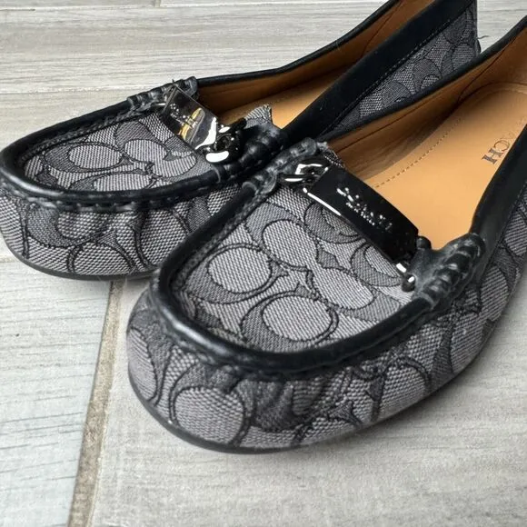 Coach Olive Black Gray Signature Logo Print Canvas Leather Loafer Size 8.5B