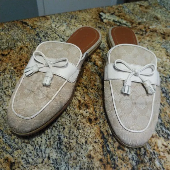 Coach Stassi Signature Jacquard Flats Slides FG2709 Light Khaki Womens Size 10 B