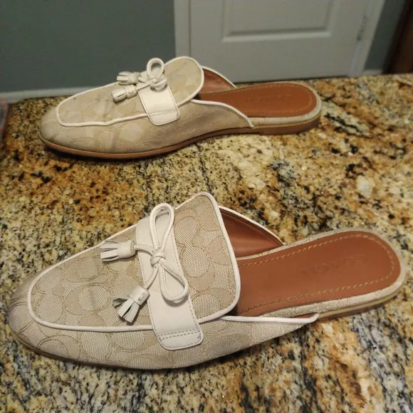 Coach Stassi Signature Jacquard Flats Slides FG2709 Light Khaki Womens Size 10 B