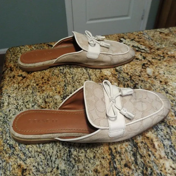 Coach Stassi Signature Jacquard Flats Slides FG2709 Light Khaki Womens Size 10 B
