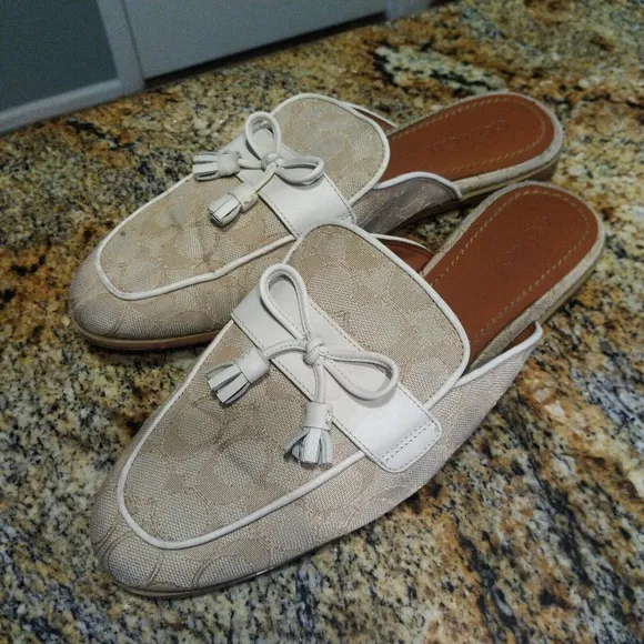 Coach Stassi Signature Jacquard Flats Slides FG2709 Light Khaki Womens Size 10 B