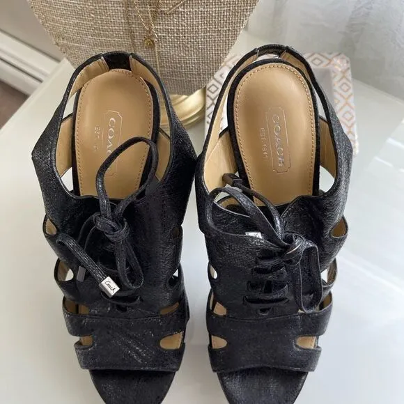 Coach Black Leather Heel Sandals