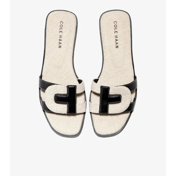 Cole Haan Chrisee Sandals Womens US 10 Black Ivory Leather Canvas Slip On FZP522
