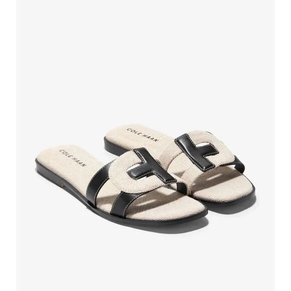 Cole Haan Chrisee Sandals Womens US 10 Black Ivory Leather Canvas Slip On FZP522