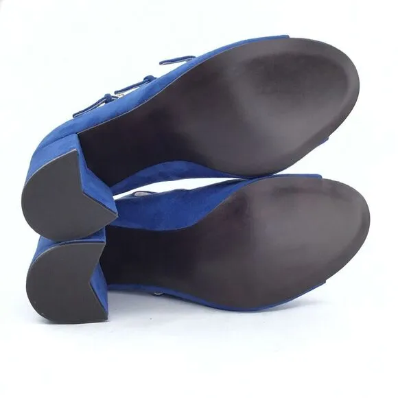 Cole Haan Cielo Sandals 8.5 Block Chunky Heels Blue Suede Cage Buckle Straps NEW