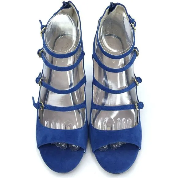 Cole Haan Cielo Sandals 8.5 Block Chunky Heels Blue Suede Cage Buckle Straps NEW