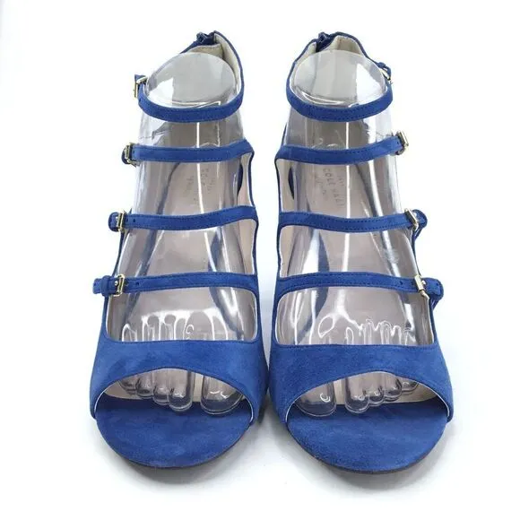 Cole Haan Cielo Sandals 8.5 Block Chunky Heels Blue Suede Cage Buckle Straps NEW