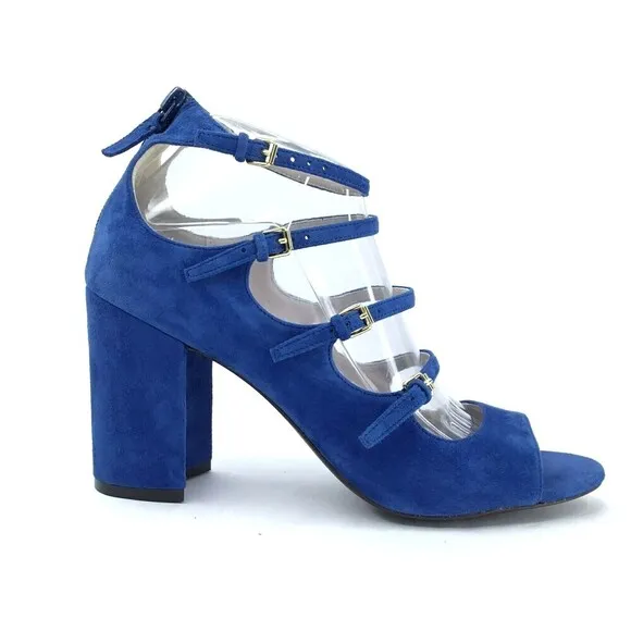 Cole Haan Cielo Sandals 8.5 Block Chunky Heels Blue Suede Cage Buckle Straps NEW