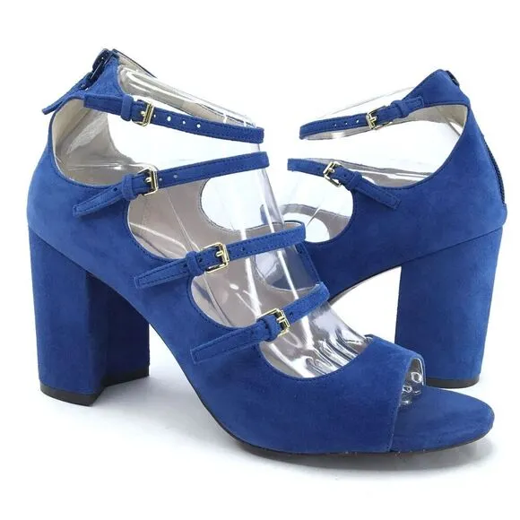 Cole Haan Cielo Sandals 8.5 Block Chunky Heels Blue Suede Cage Buckle Straps NEW