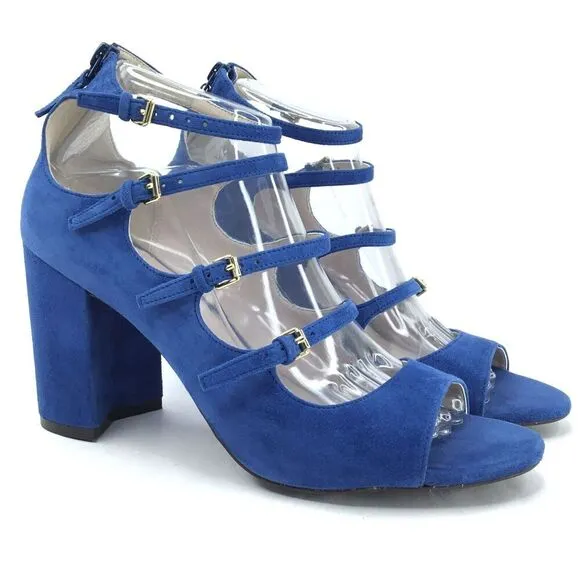 Cole Haan Cielo Sandals 8.5 Block Chunky Heels Blue Suede Cage Buckle Straps NEW