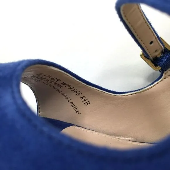 Cole Haan Cielo Sandals 8.5 Block Chunky Heels Blue Suede Cage Buckle Straps NEW