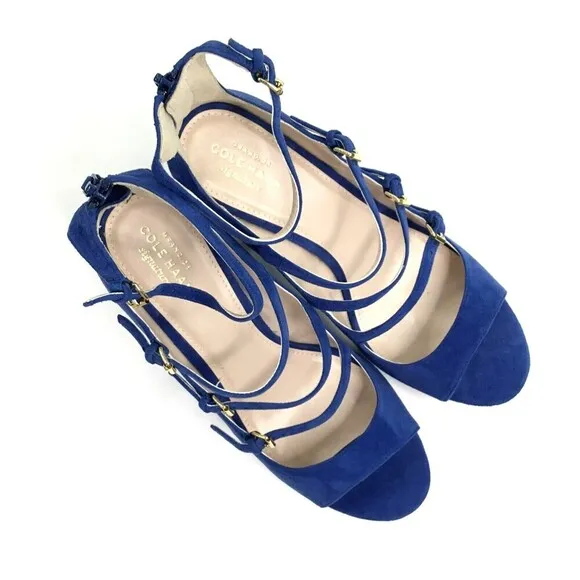 Cole Haan Cielo Sandals 8.5 Block Chunky Heels Blue Suede Cage Buckle Straps NEW